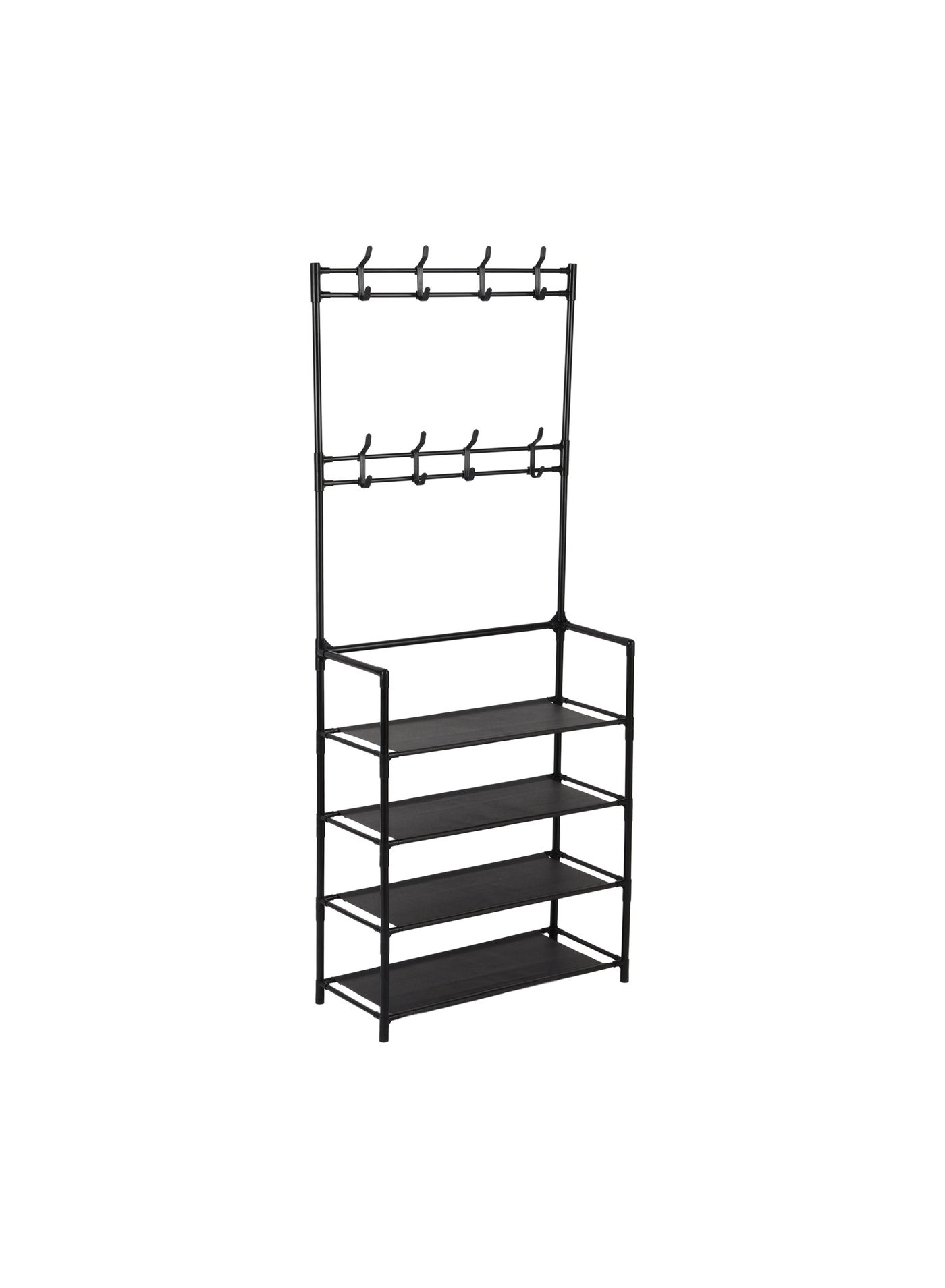 Portable Shoe Rack RF12781 with 4 Shelves and 8 Hooks, 10 kg Capacity, Strong Metal Rods, Easy to Assemble Multi-Purpose Storage for Shoes, Cap, and other Accessories